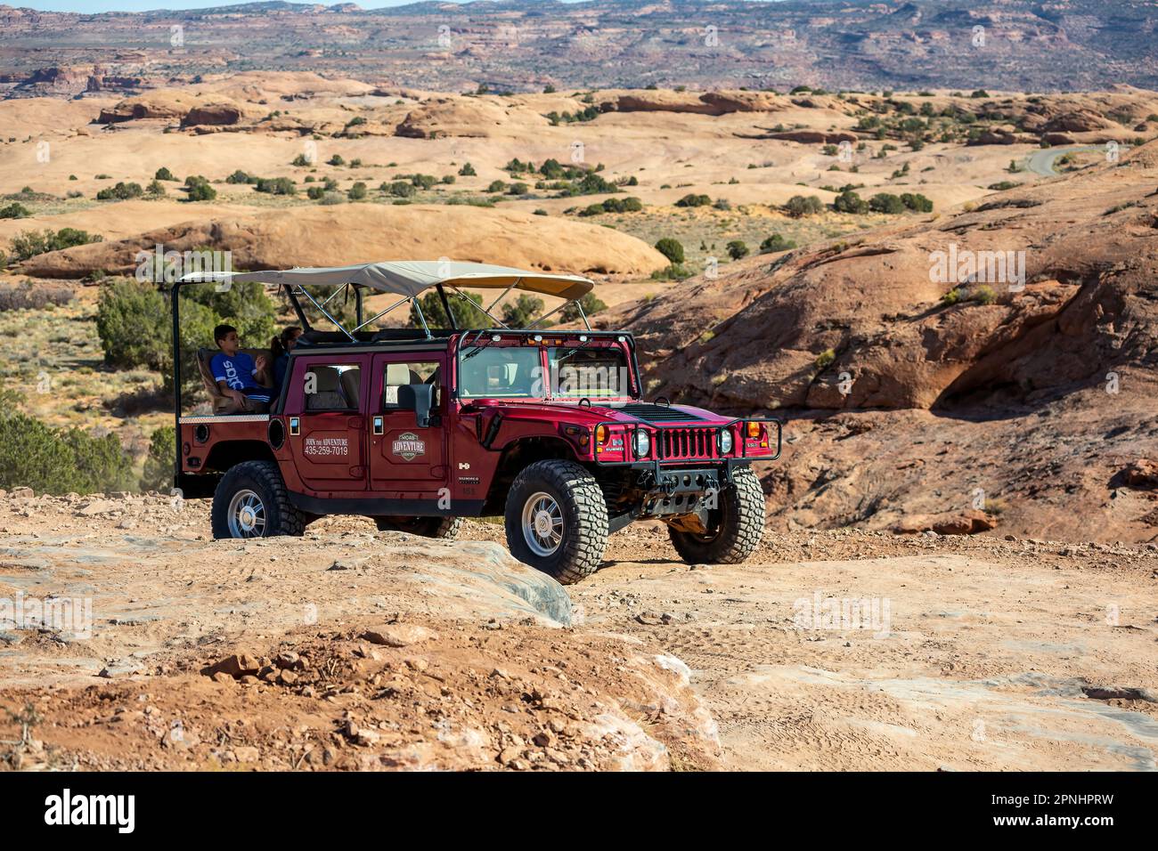 Hummer, Hell's Revenge Trail, Sand Flats Recreation Area, Moab, Utah USA Stockfoto