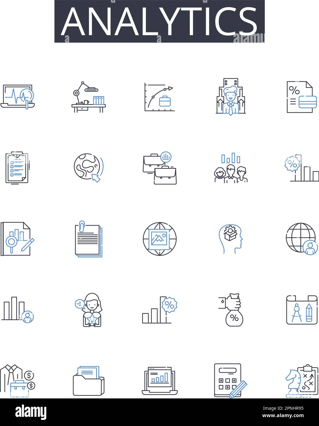 Sammlung der Zeilensymbole in Analytics. Data Mining, Informationsabruf, Business Intelligence, statistische Analyse, Leistungsüberwachung, Markt Stock Vektor