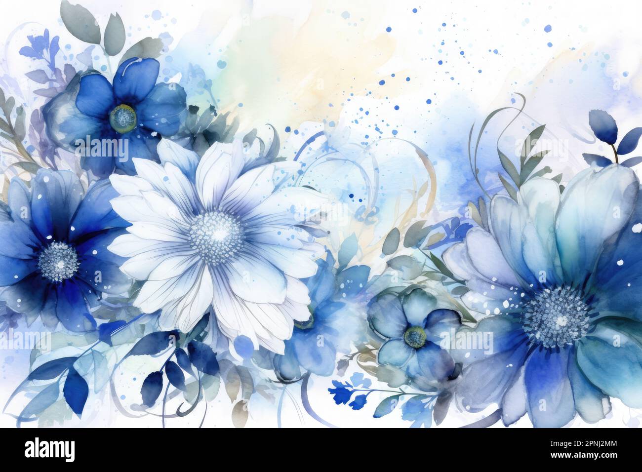 Mit Aquarellen erschaffen Sie eine farbenfrohe und lebendige Szene aus blauen Blumen mit glitzernden Akzenten und komplexen Details auf einem hochwertigen Hintergrund Stockfoto