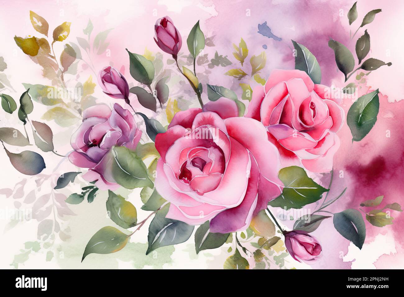 Mit Aquarellen erschaffen Sie eine farbenfrohe und lebendige Szene aus pinkfarbenen Rosenblüten mit komplexen Details und sanften Waschungen gegen eine saubere und schlichte Note Stockfoto
