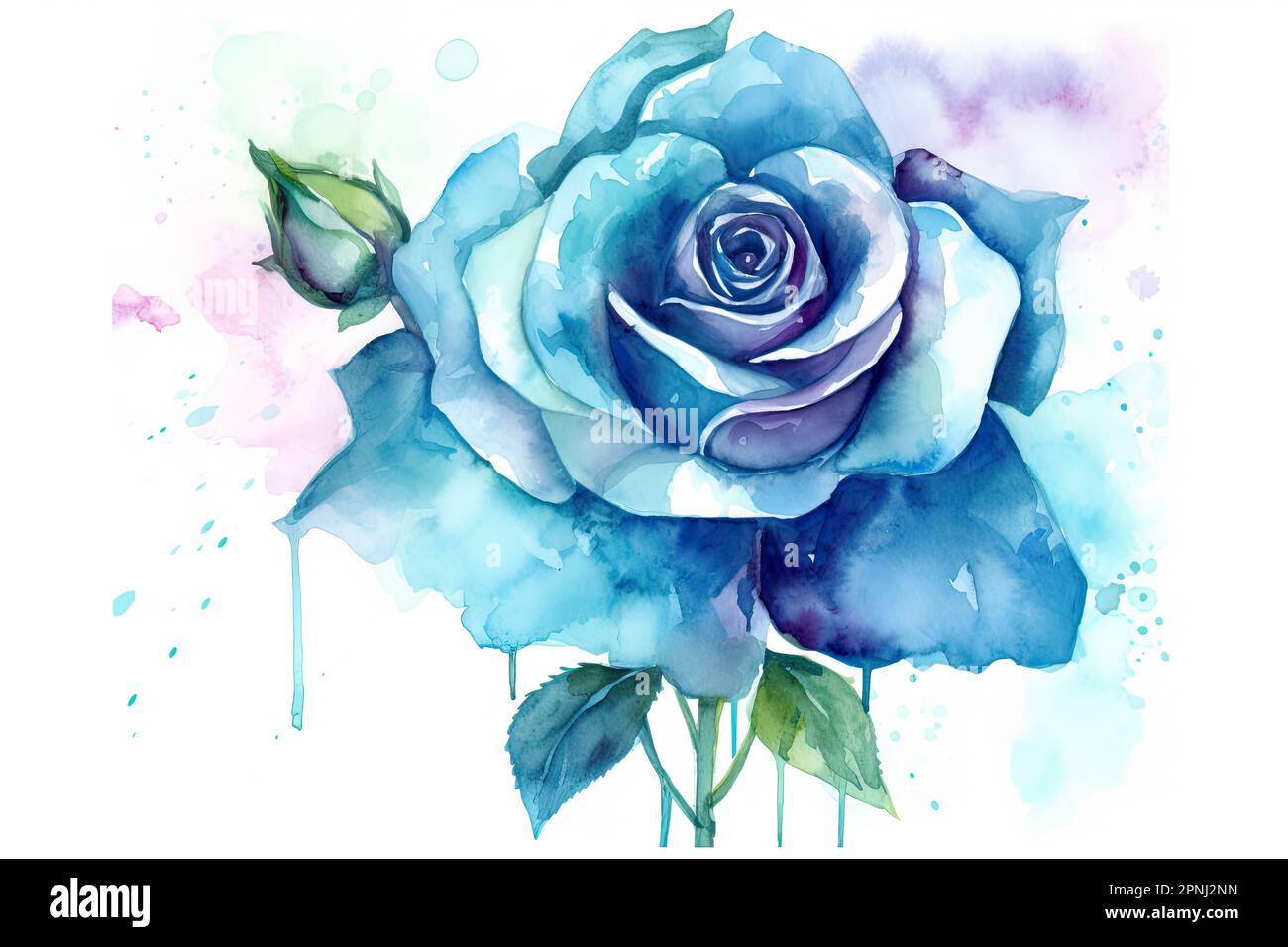 Entwerfen Sie ein atemberaubendes Aquarell mit einer blauen Rose in leuchtenden und kräftigen Farben, die sich von einem weißen Hintergrund abheben Stockfoto