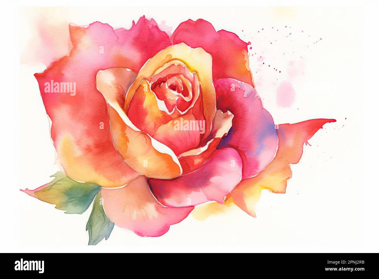 Gestalte eine wunderschöne, wässrige Illustration einer einzelnen Rose mit einer kräftigen und leuchtenden Farbe, die sich vor einem weißen Hintergrund abhebt Stockfoto