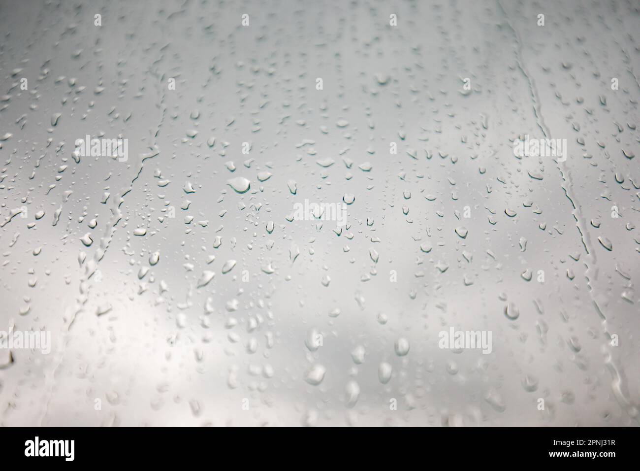 Das Glas eines Fensters mit natürlichen Regentropfen (Wassertropfen) Stockfoto