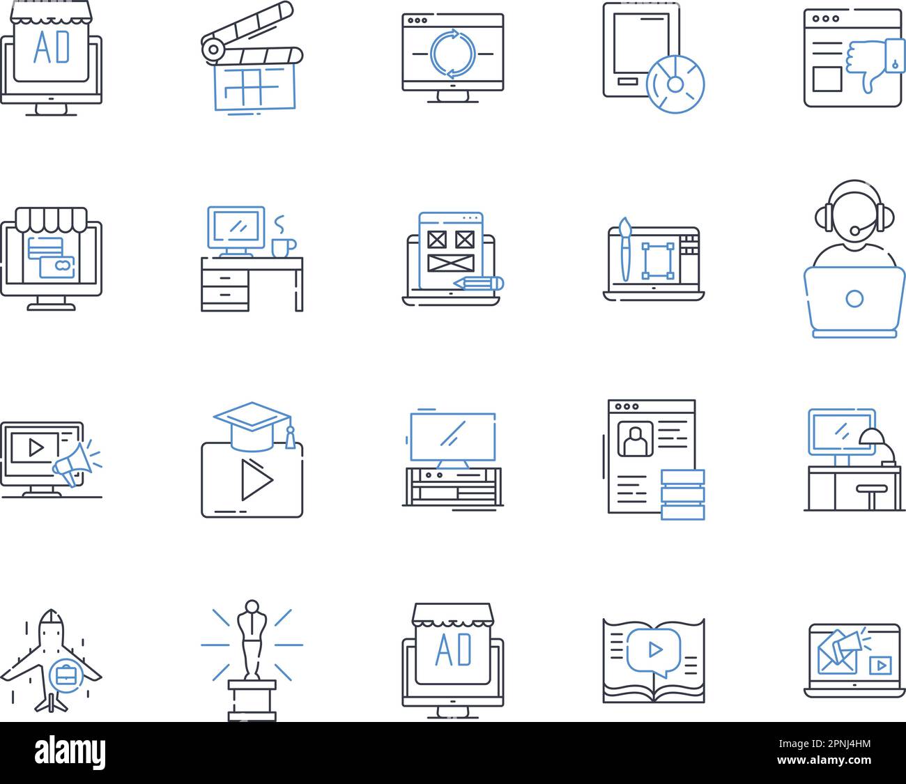 Symbolsammlung für Videoproduzenten. Kinematographie, Editing, Pre-Production, Post-Production, Storyboarding, Filmerstellung, Beleuchtungsvektor und linear Stock Vektor