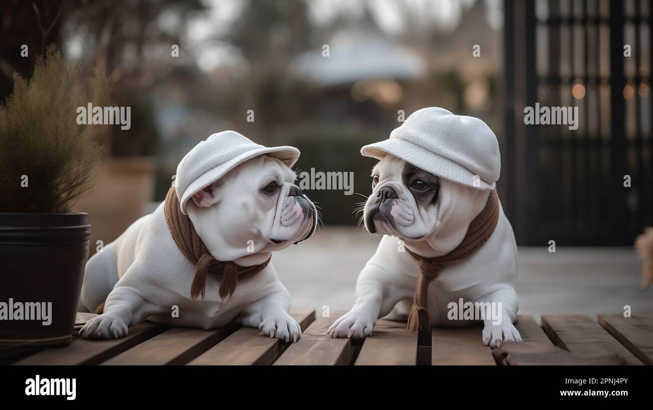 Zwei französische Bulldoggen, die nebeneinander auf einer Holzbank sitzen, mit sportlichen, modischen Hüten Stockfoto