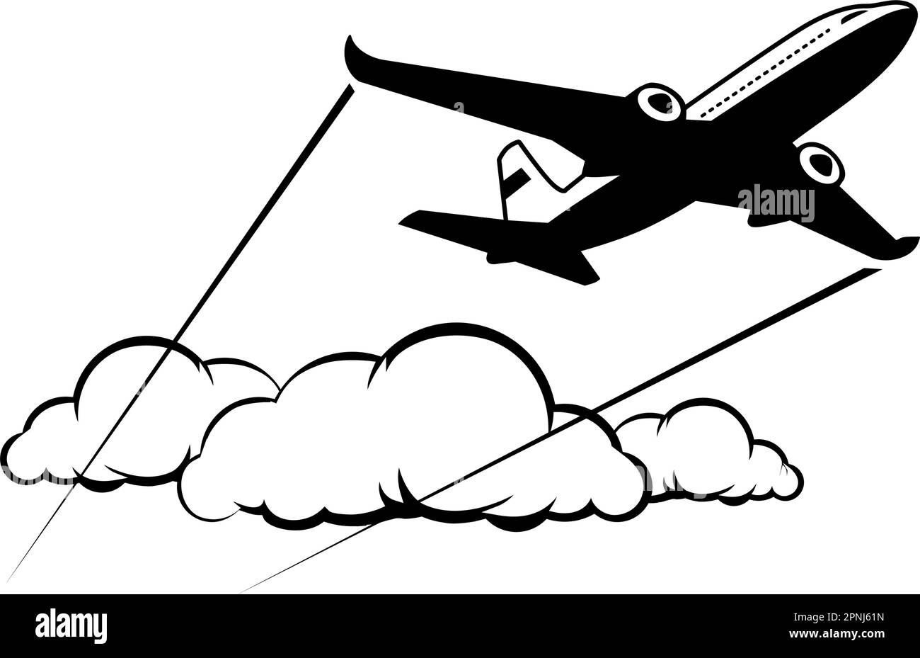 Ebene über Wolken. Silhouette-Flugzeug, das am Himmel fliegt. Vektorsymbol auf transparentem Hintergrund Stock Vektor