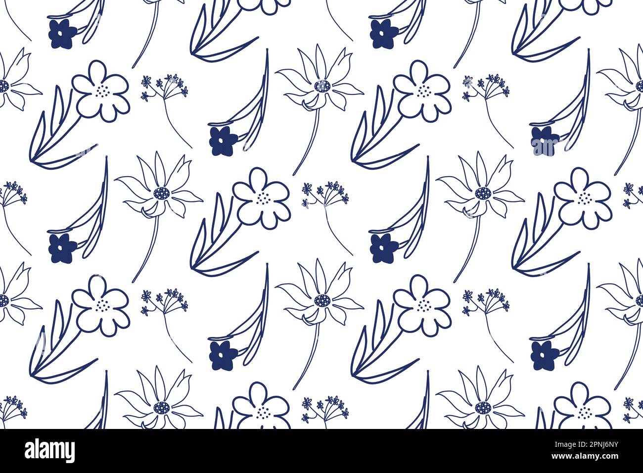 Nahtloses Muster. Blumenmuster auf einer Tablette. Vektorblumen einfacher Formen in Blau auf weißem Hintergrund. Stock Vektor