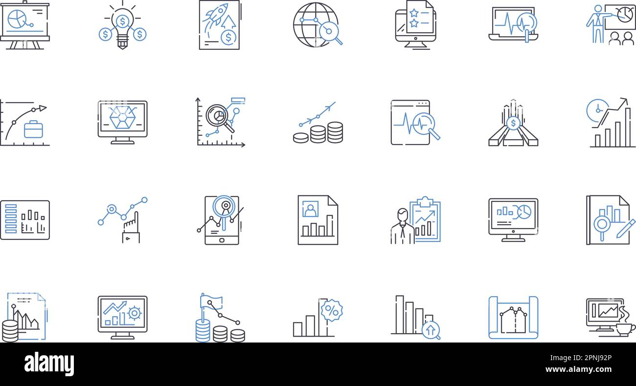 Sammlung der Zeilensymbole für Data Analytics. Einblicke, Metriken, Muster, Analyse, Visualisierungen, Datensätze, Dashboards, Vektor und lineare Darstellung Stock Vektor
