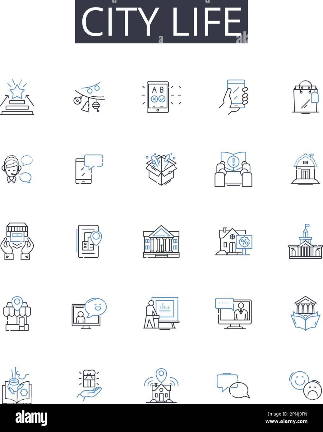 City Life Line Icons Kollektion. Ländliches Leben, Großstadt, städtisches Leben, Dorfleben, Metropolis Leben, Vorstadtleben, geschäftiges Treiben und Stock Vektor