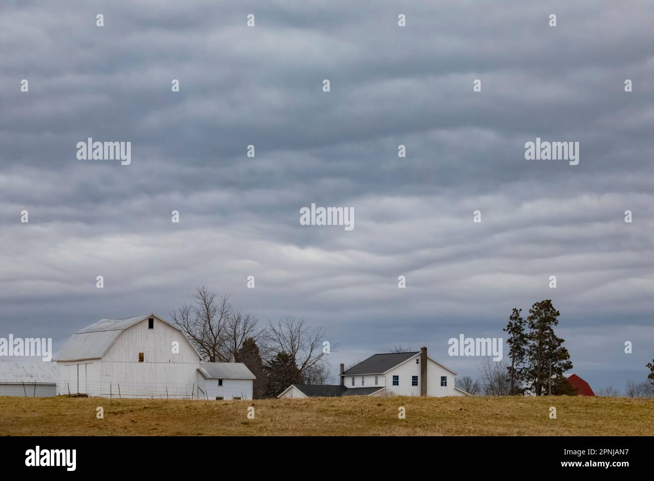 Amish-Haus und Scheune unter Stratocumulus Clouds in Central Michigan, USA [Keine Eigentumsfreigabe; nur redaktionelle Lizenzierung] Stockfoto