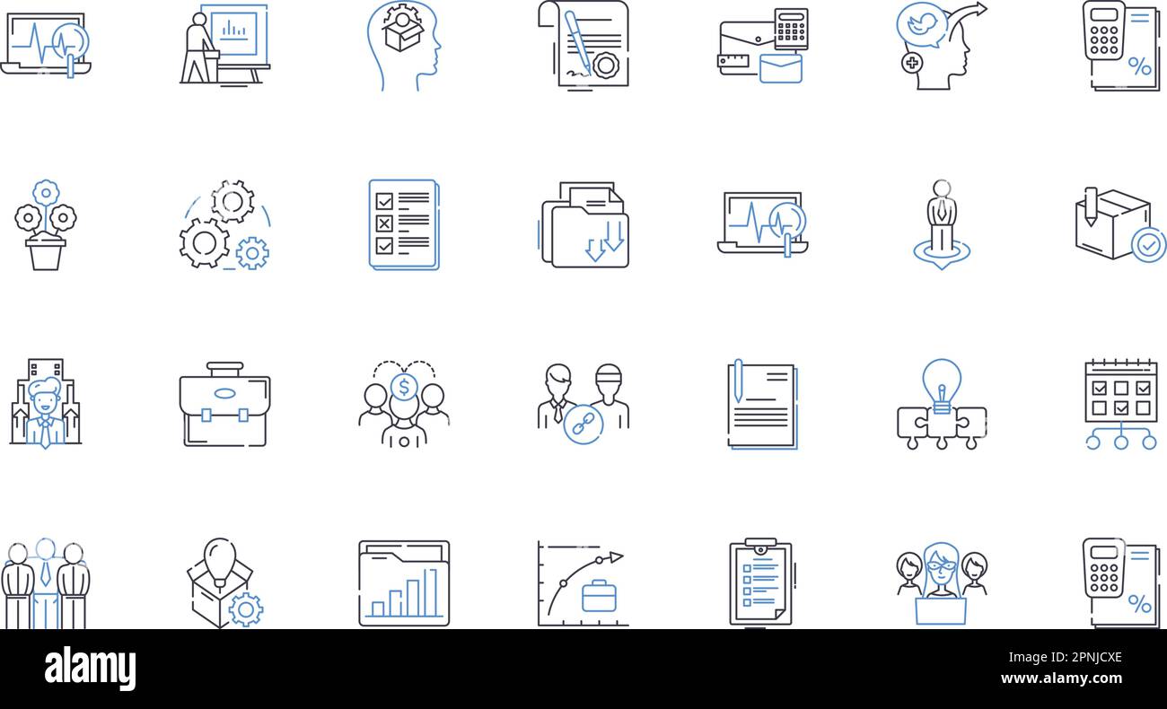 Symbolsammlung der Zeile „Entscheidungswissenschaft“. Analysen, Daten, Optimierung, Algorithmen, Vorhersagen, Modellierung, Risikovektor und lineare Darstellung. Strategie Stock Vektor