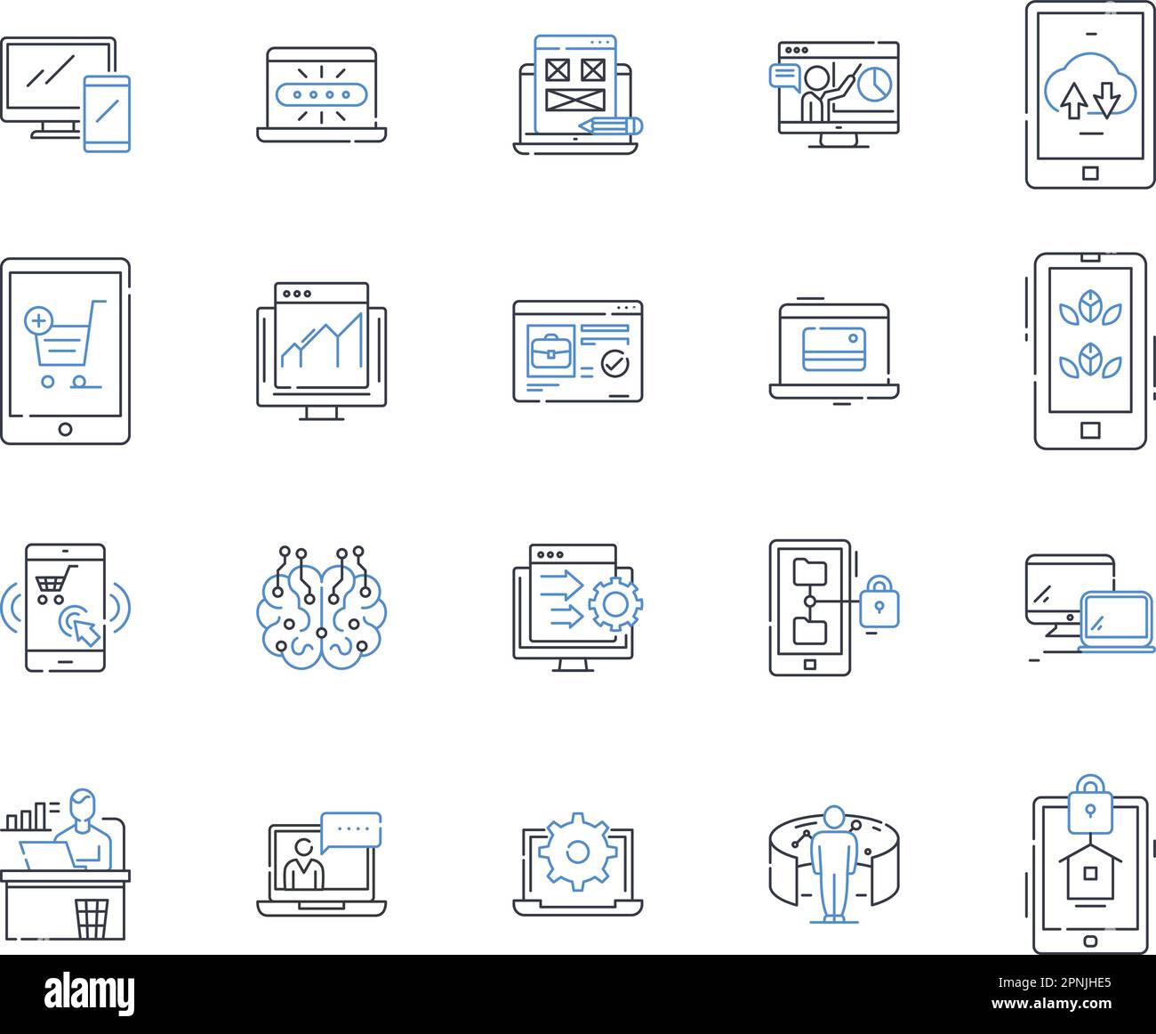 Sammlung von Wolkenlinien-Symbolen. Virtualisierung, Elastizität, Skalierbarkeit, Agilität, Sicherheit, Mobilität, Automatisierungsvektor und lineare Darstellung Stock Vektor