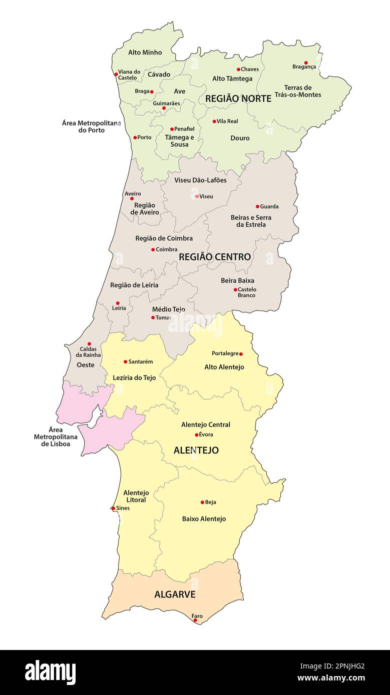 Verwaltungsvektorkarte portugiesischer Regionen und Subregionen, NUTS Stockfoto