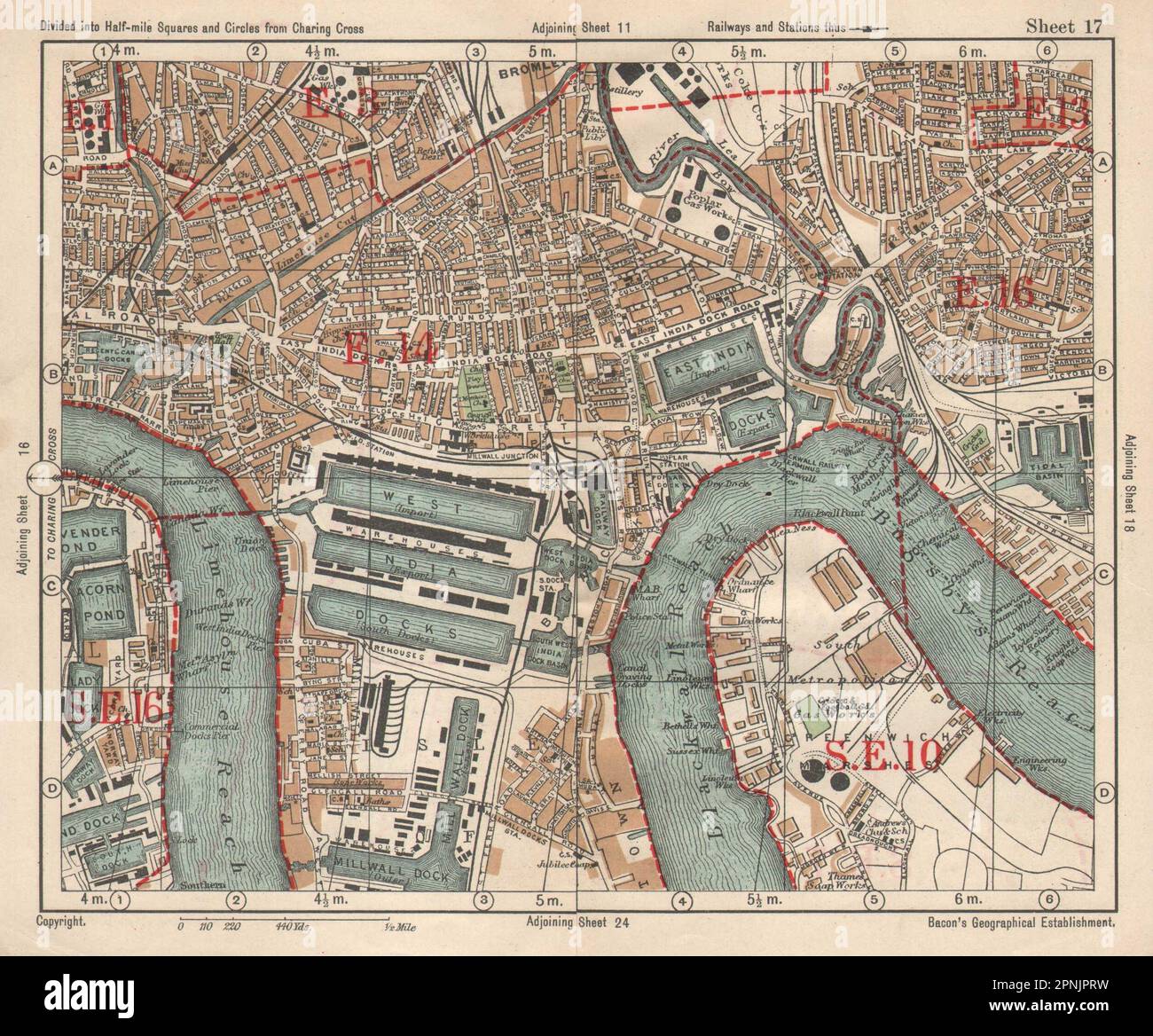 E LONDON Surrey Docks Isle of Dogs Canning Town Poplar Limehouse.BACON 1925 Karte Stockfoto