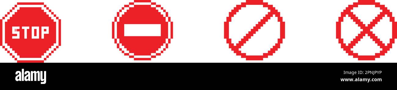 Rotes STOPPZEICHEN Pixelsymbol. 8 Bit geben Sie Buttor nicht ein. Straßenschild. Flache Vektordarstellung Stock Vektor