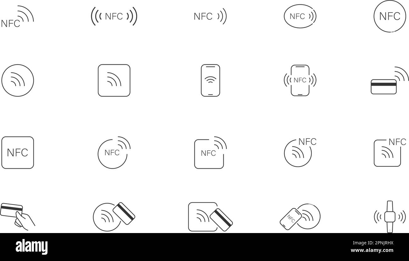 Symbol für NFC-Technologie. Symbole für NFC-Zahlungseinstellungen. Symbolsammlung für kabellose Zahlung, Kreditkartenabgriff Bezahlen. Darstellung der flachen isolierten Vektorlinie Stock Vektor