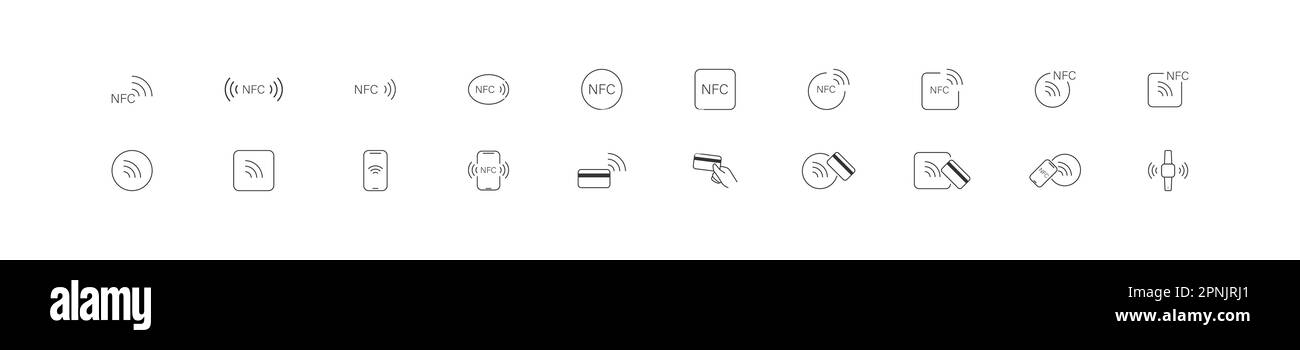 Symbole für NFC-Zahlungseinstellungen. Symbol für NFC-Technologie. Symbolsammlung für kabellose Zahlung, Kreditkartenabgriff Bezahlen. Darstellung der flachen isolierten Vektorlinie Stock Vektor