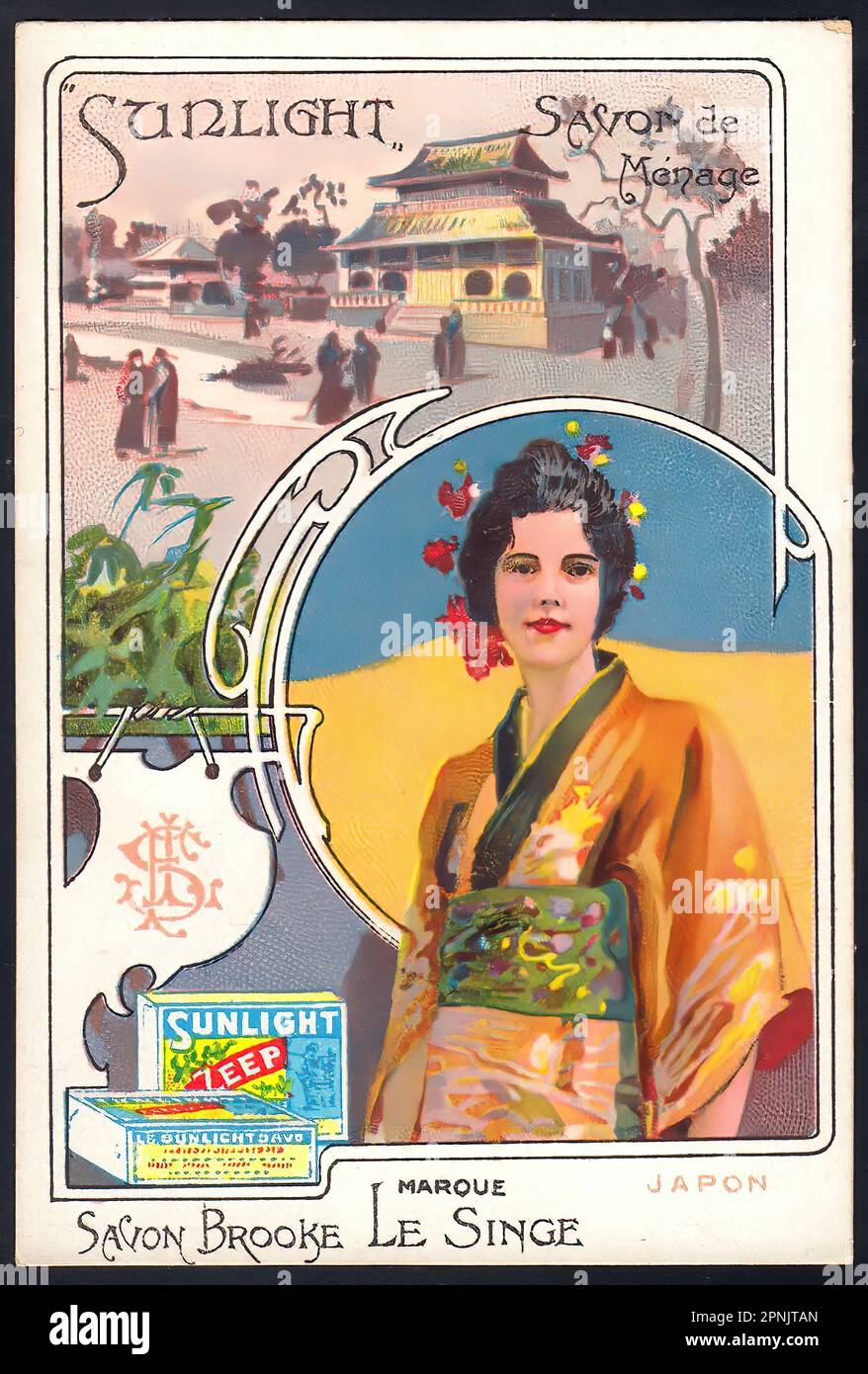 French Tradecard - Sonnenlicht Savon - Vintage Japan, Belle Epoque-Ära Stockfoto