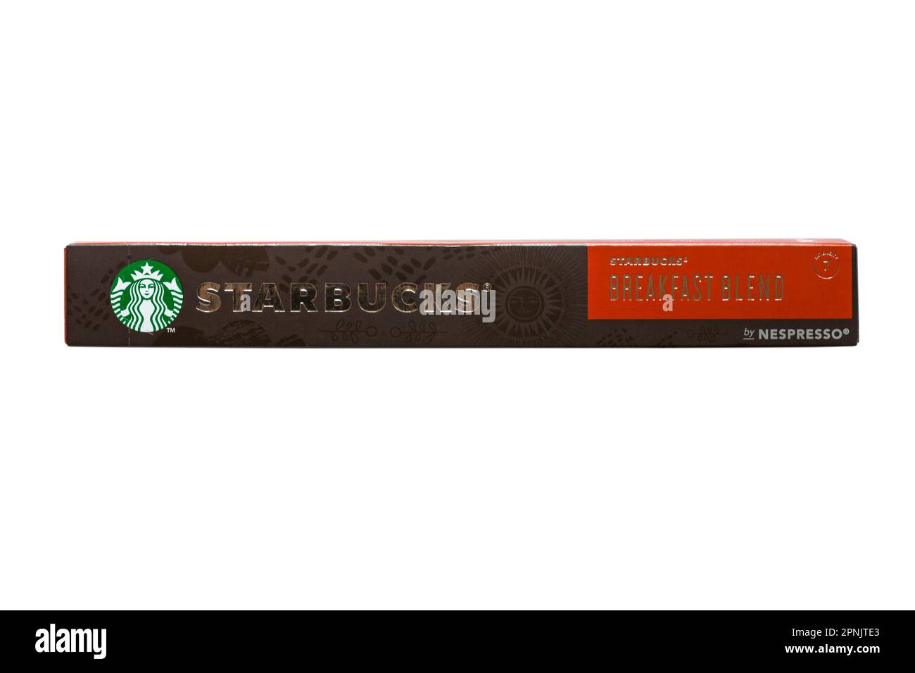 Schachtel Starbucks Breakfast Blend Kaffeekapseln von Nespresso isoliert auf weißem Hintergrund Stockfoto