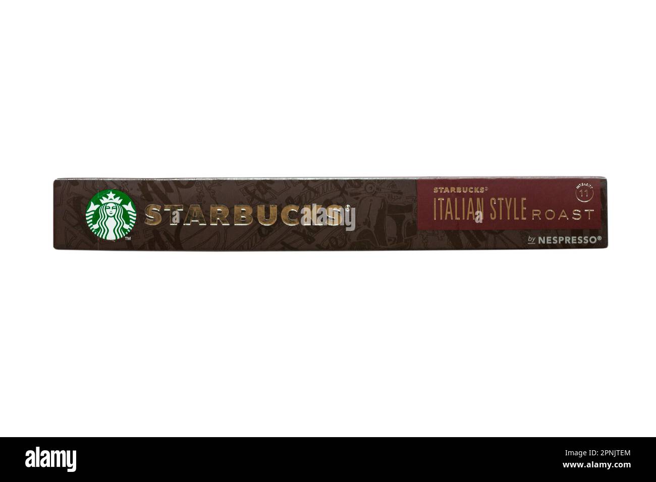 Schachtel Starbucks Röstkaffeekapseln im italienischen Stil von Nespresso, isoliert auf weißem Hintergrund Stockfoto