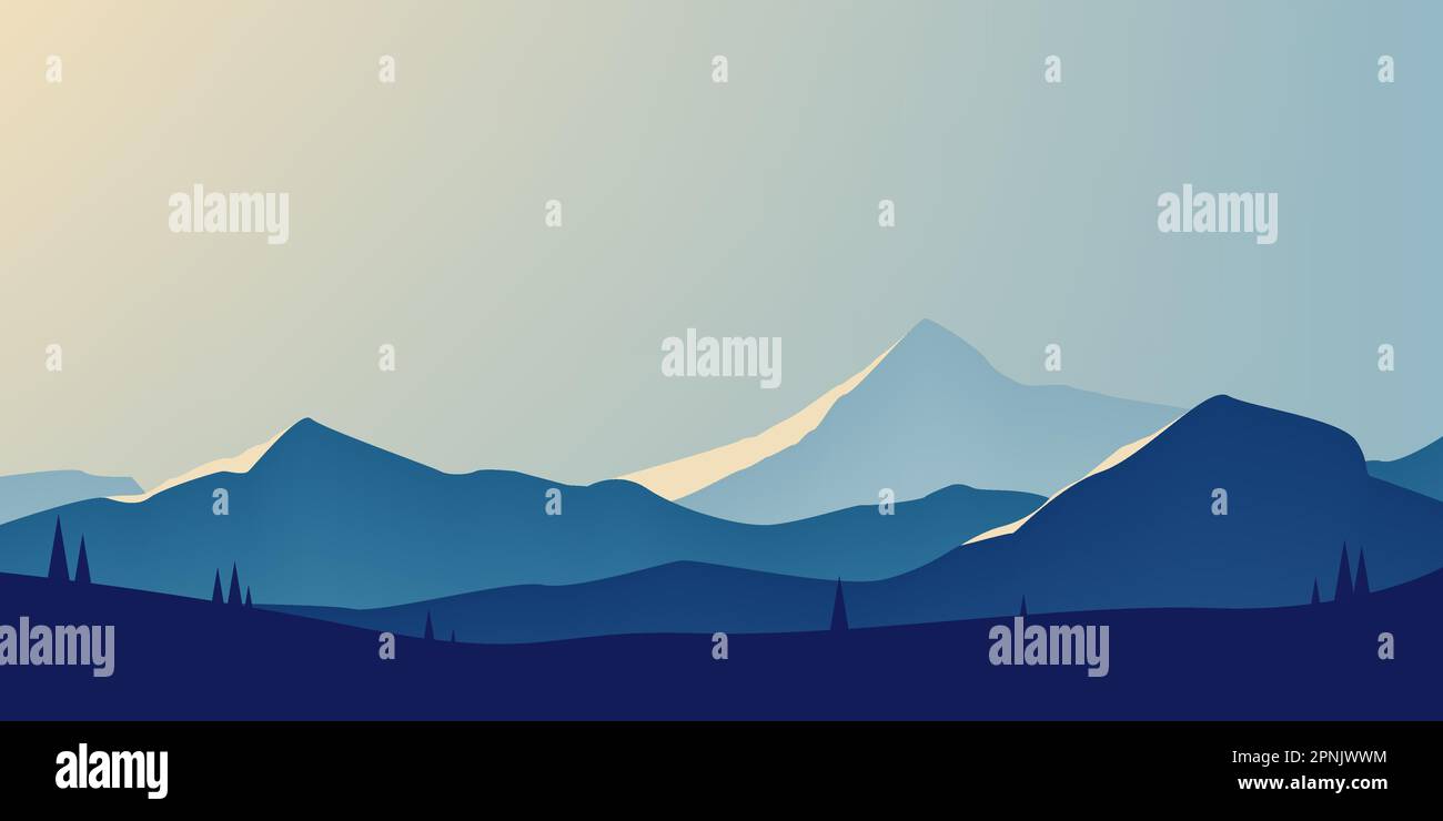 Landschaft, eine Berghütte Silhouetten. Minimalistische natürliche Tapeten in flachem Stil. Blauer Hintergrund. Vectot-Illustration Stock Vektor