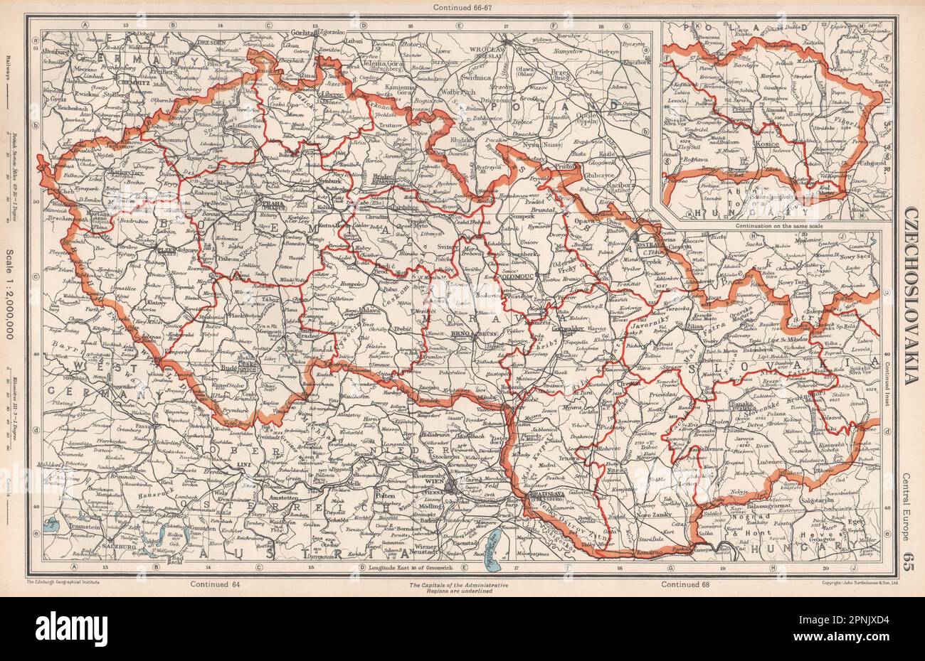 TSCHECHOSLOWAKEI. Verwaltungsabteilungen. Post 1945 Borders.BARTHOLOMEW 1952 Karte Stockfoto
