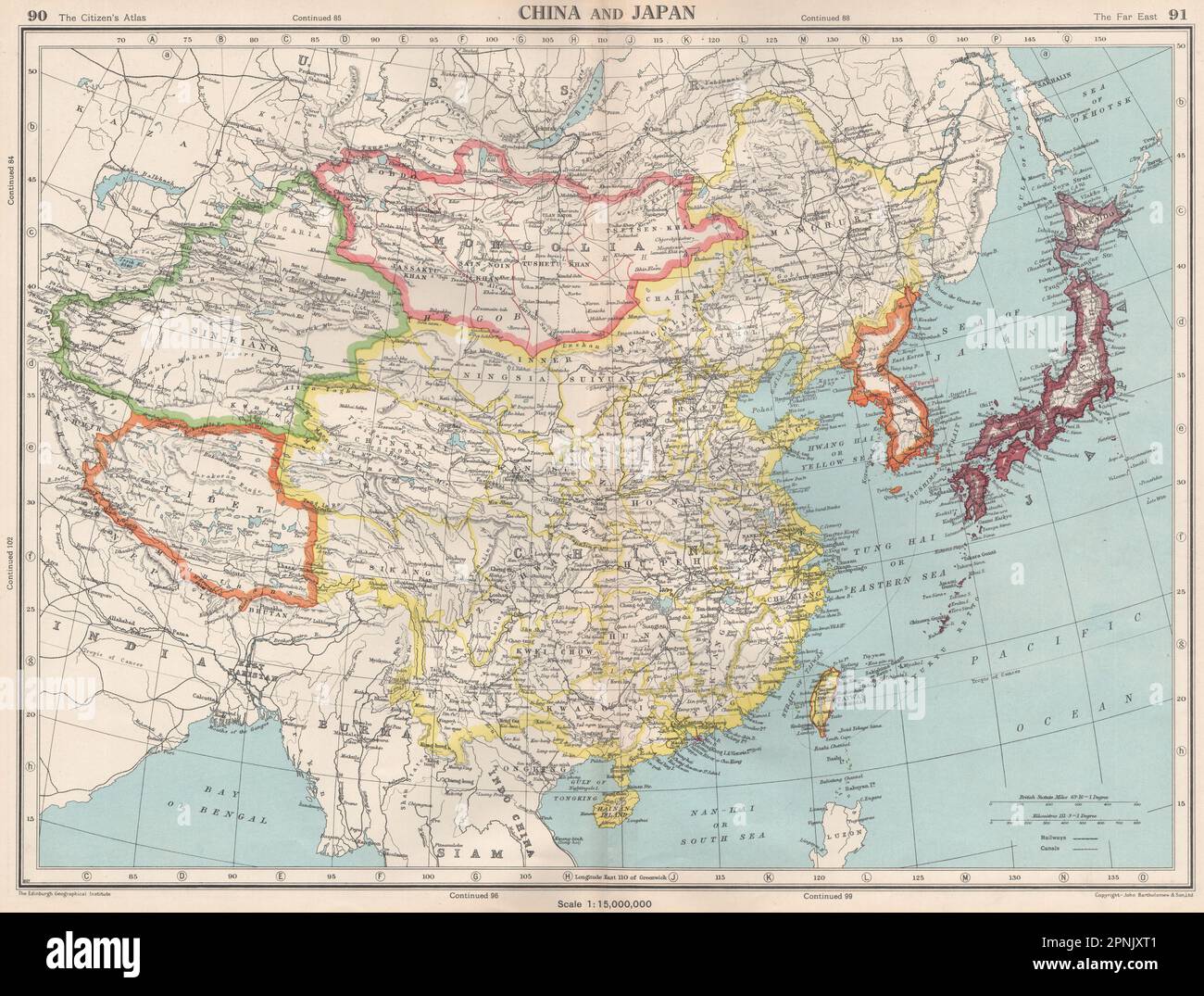 OSTASIEN. Zeigt unabhängige Tibet & Sin-Kiang (Xinjiang). Korea 1952 alte Karte Stockfoto