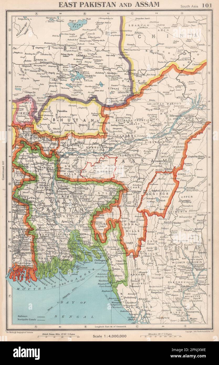 SÜDASIEN. 1952 Karte von Ostpakistan, Assam, Bhutan und Independent Sikkim & Tibet Stockfoto