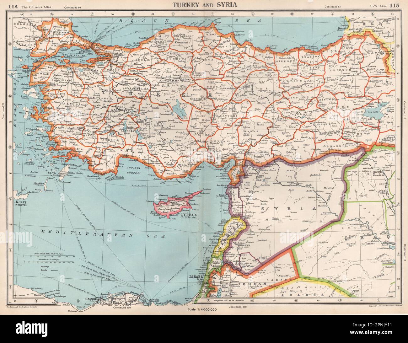 TÜRKEI UND LEVANTE. Syrien Zypern Libanon Israel. 1952 alte Karte des jordanischen Westufers Stockfoto