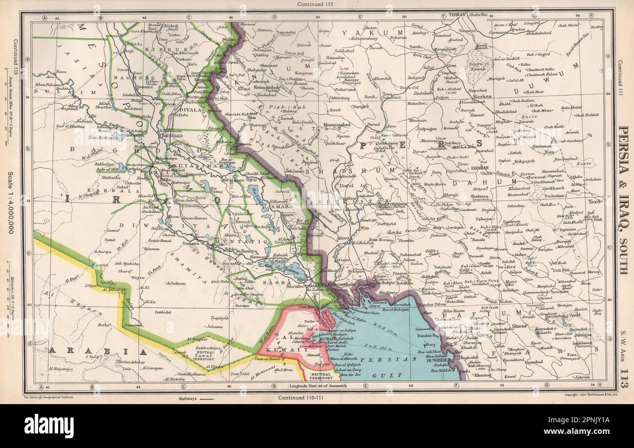 MIDDLE EAST.Persia(Iran)& Iraq South.Kuwait.Iraq/Saudi neutral Zone 1952 Karte Stockfoto