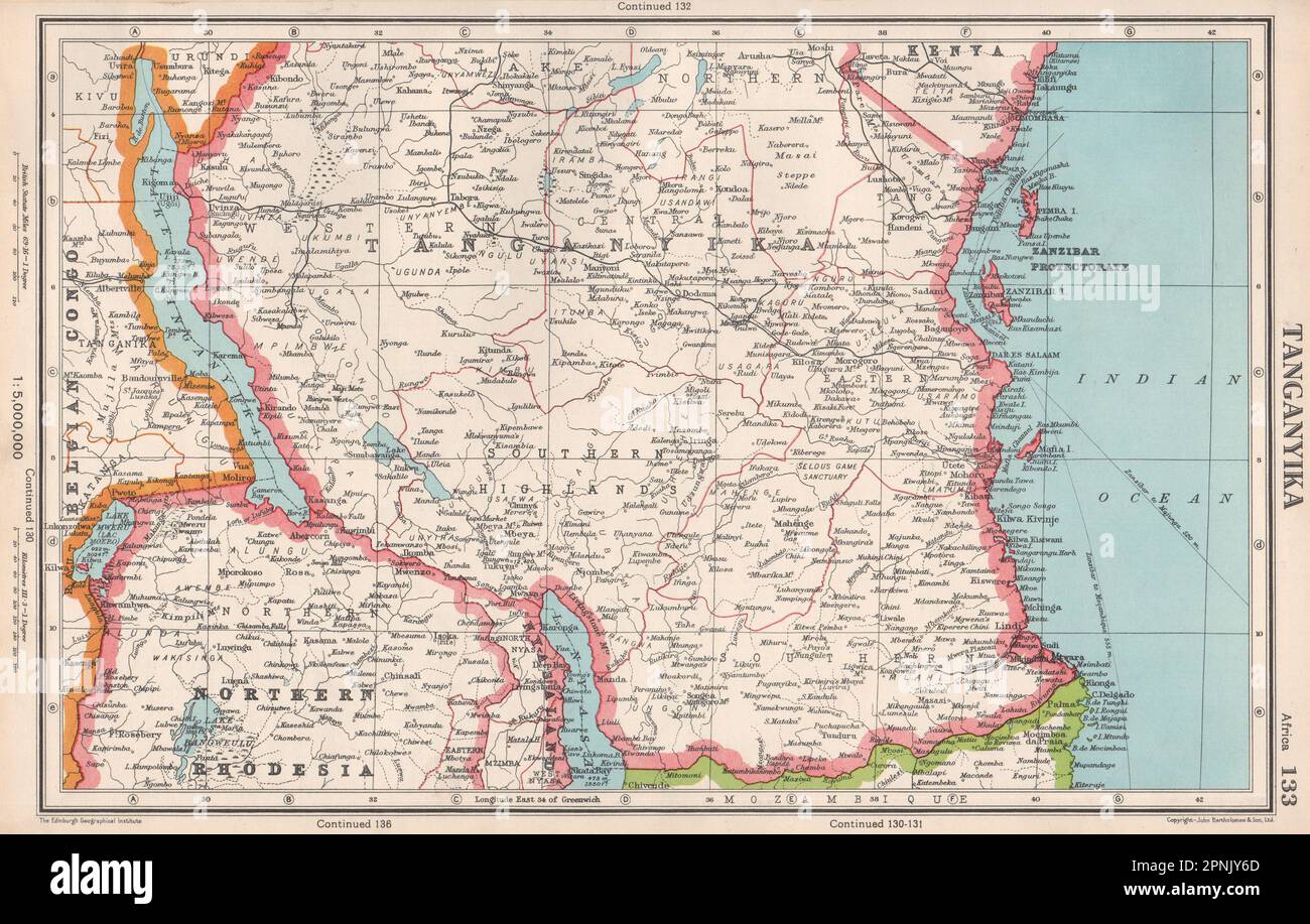 TANGANJIKA. Südtansanien. Sansibar Protektorat. BARTHOLOMEW 1952 alte Karte Stockfoto