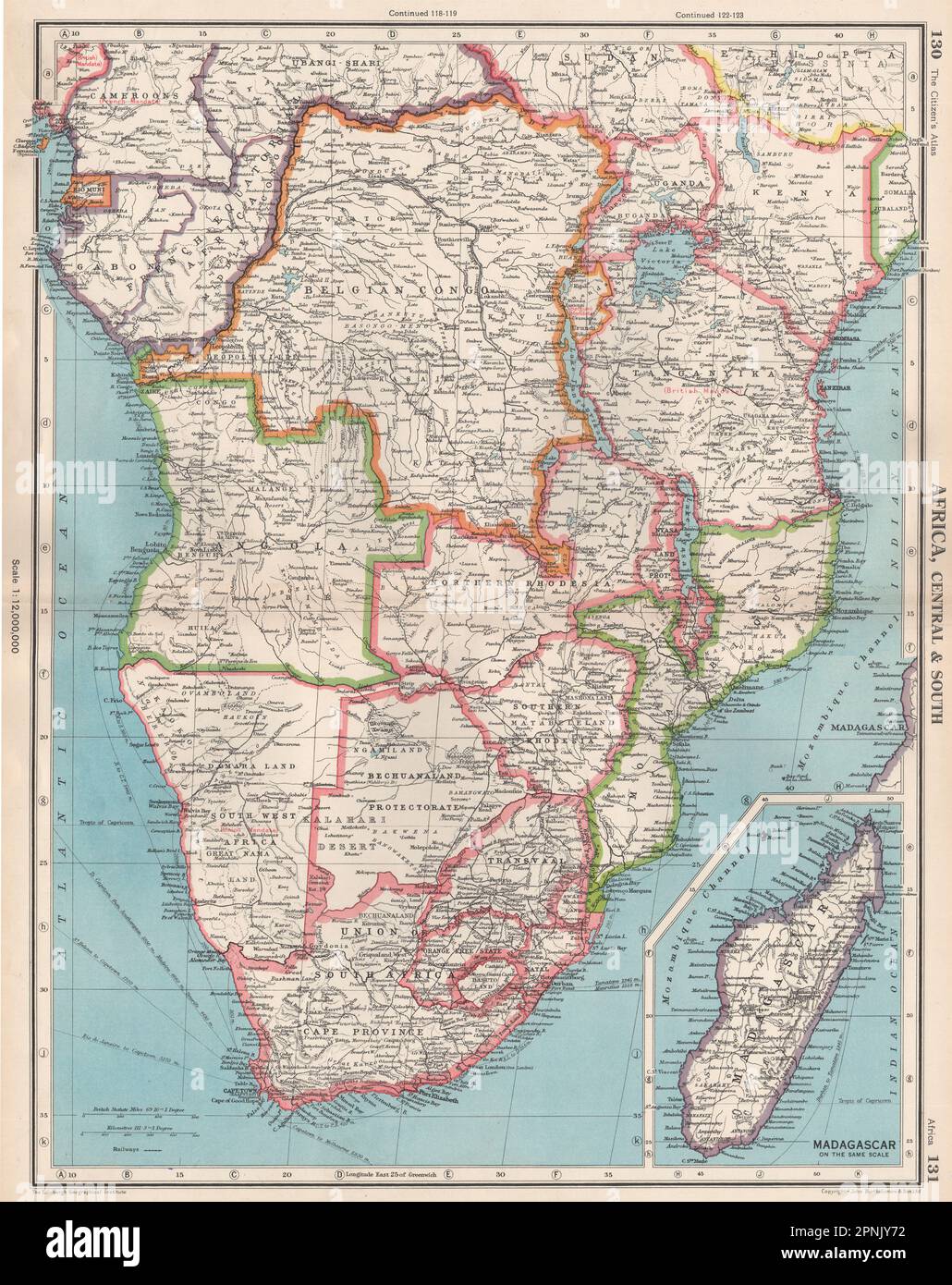 SÜDLICHES AFRIKA. Belgischer Kongo Rhodesia Bechuanaland Tangyanika 1952 alte Karte Stockfoto