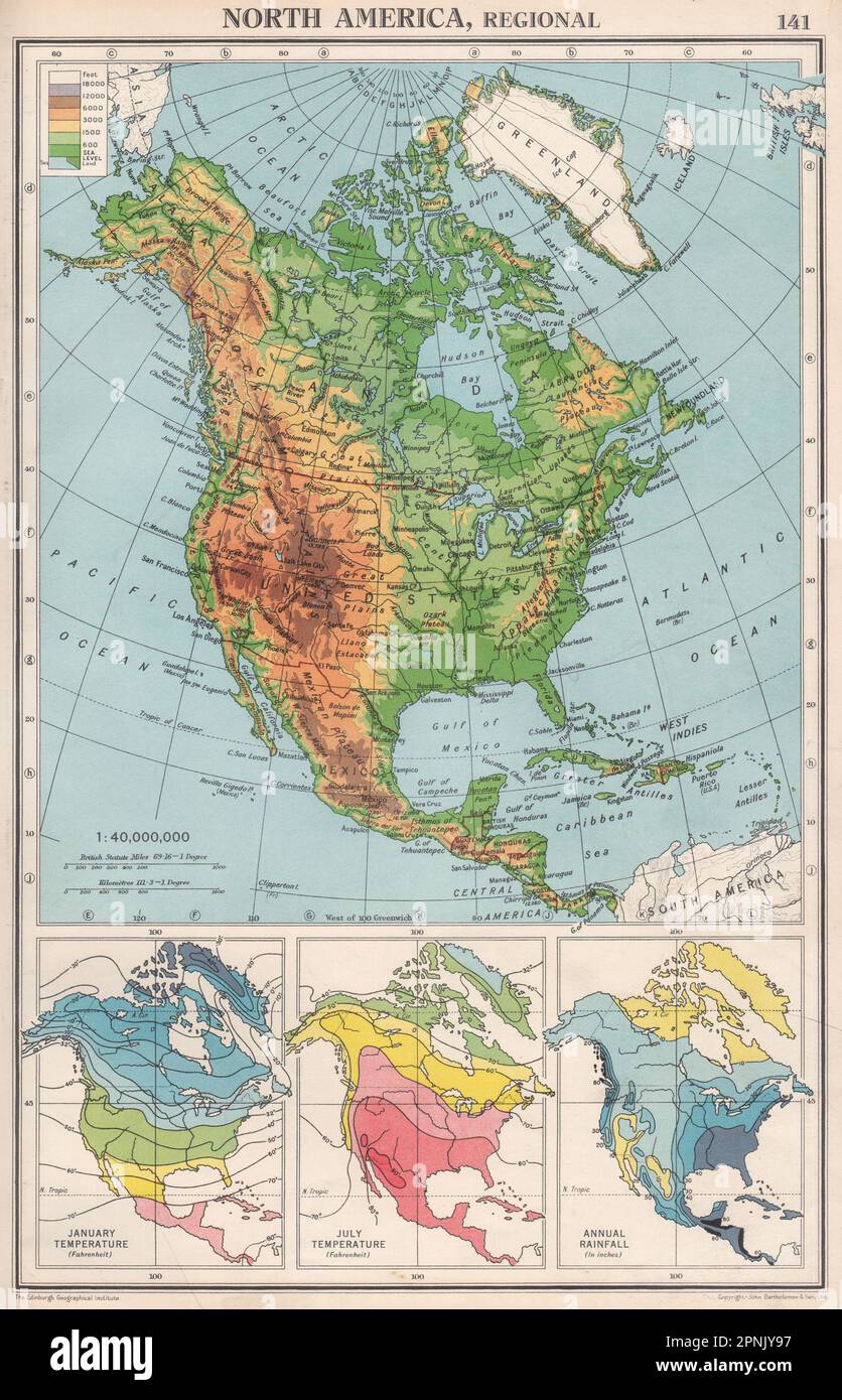 NORDAMERIKA PHYSISCH UND KLIMATISCH. Temperatur. Regen. BARTHOLOMEW 1952 Karte Stockfoto