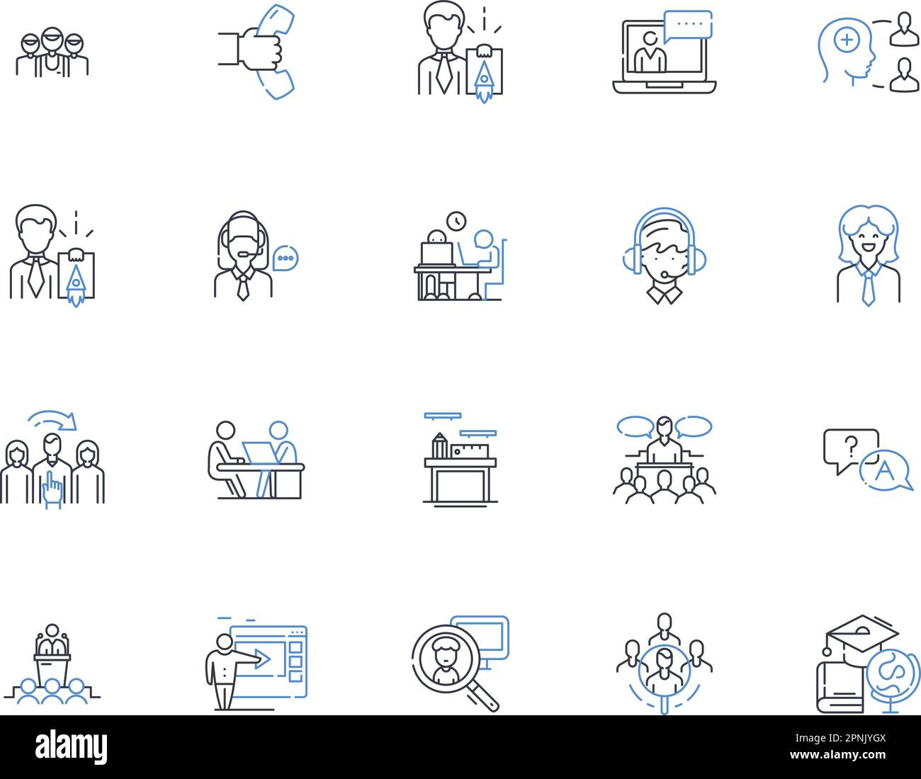 Symbolsammlung für Personalzeilen. Einstellung, Mitarbeiter, Personal, Onboarding, Schulung, Rekrutierung, Leistungsvektor und lineare Darstellung. HR, Leistungen Stock Vektor