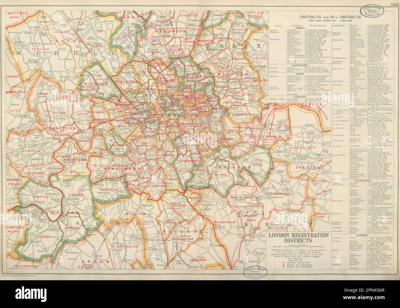 LONDONER ZULASSUNGSBEZIRKE UND -UNTERBEZIRKE. Vintage-Karte. SPECK 1934 Jahre alt Stockfoto