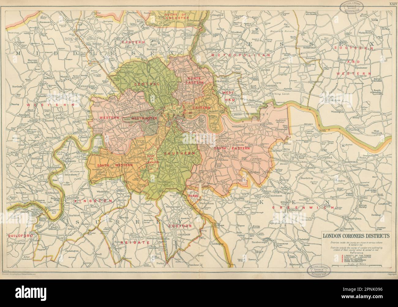 LONDONER GERICHTSBEZIRKE. Vintage-Karte. Herzogtum von Lancaster. SPECK 1934 Jahre alt Stockfoto