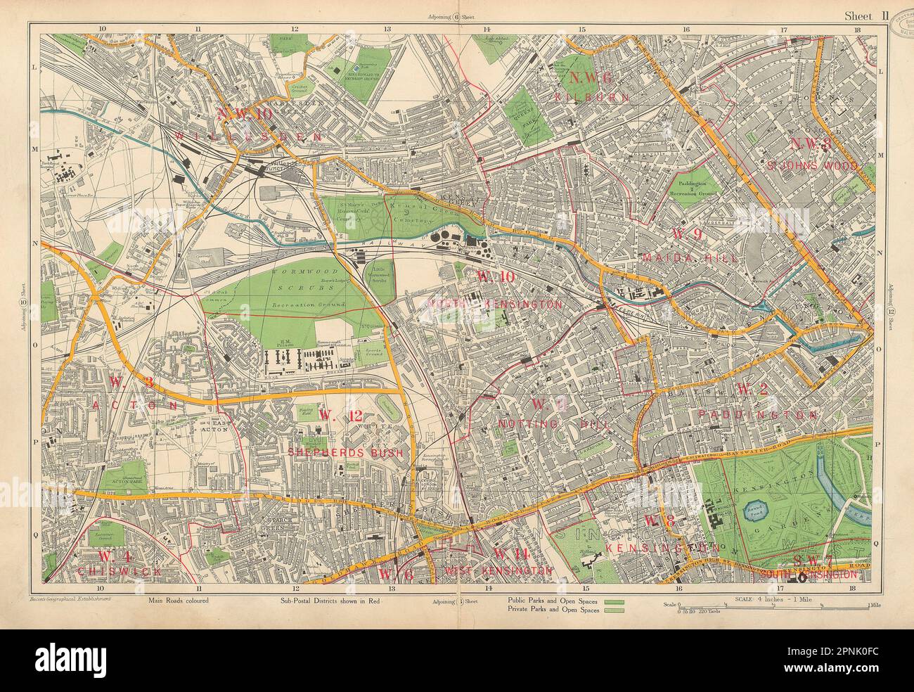 Karte 1934 W LONDON Bayswater Kilburn Maida Vale Notting Hill Shepherds Bush.BACON Stockfoto