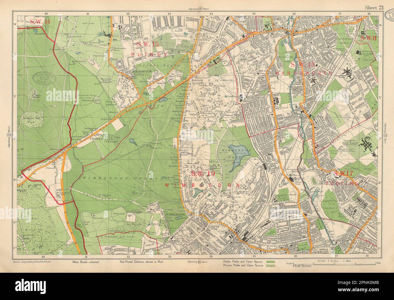 WIMBLEDON. Putney Wandsworth Richmond Park Roehampton. BACON 1934 Karte Stockfoto