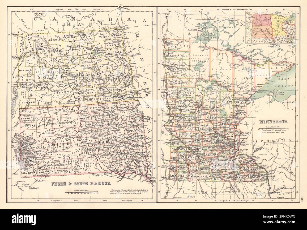 Karten der Bundesstaaten North & South Dakota und Minnesota mit Landkreisen. BARTHOLOMEW 1898 Stockfoto