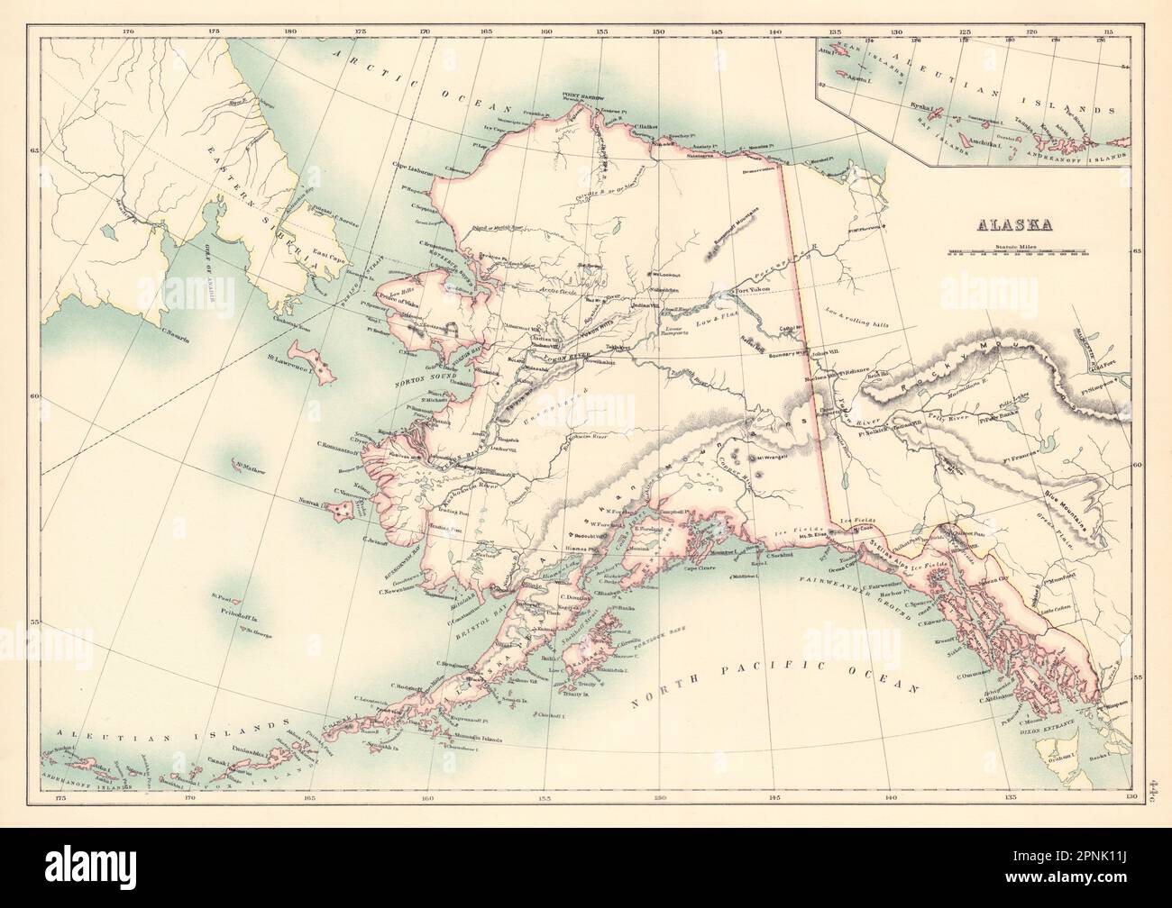 Karte des Bundesstaats Alaska mit Dörfern indianischer Ureinwohner. BARTHOLOMEW 1898 Stockfoto