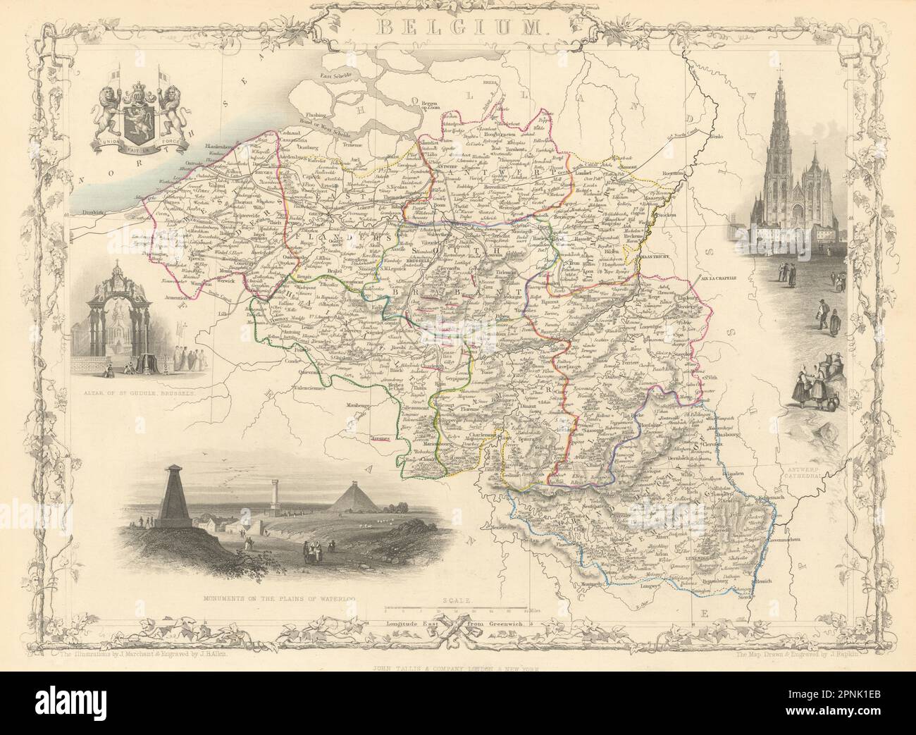 BELGIEN und Luxemburg. Napoleonische Schlachtfelder markiert. KARTE VON TALLIS & RAPKIN 1851 Stockfoto