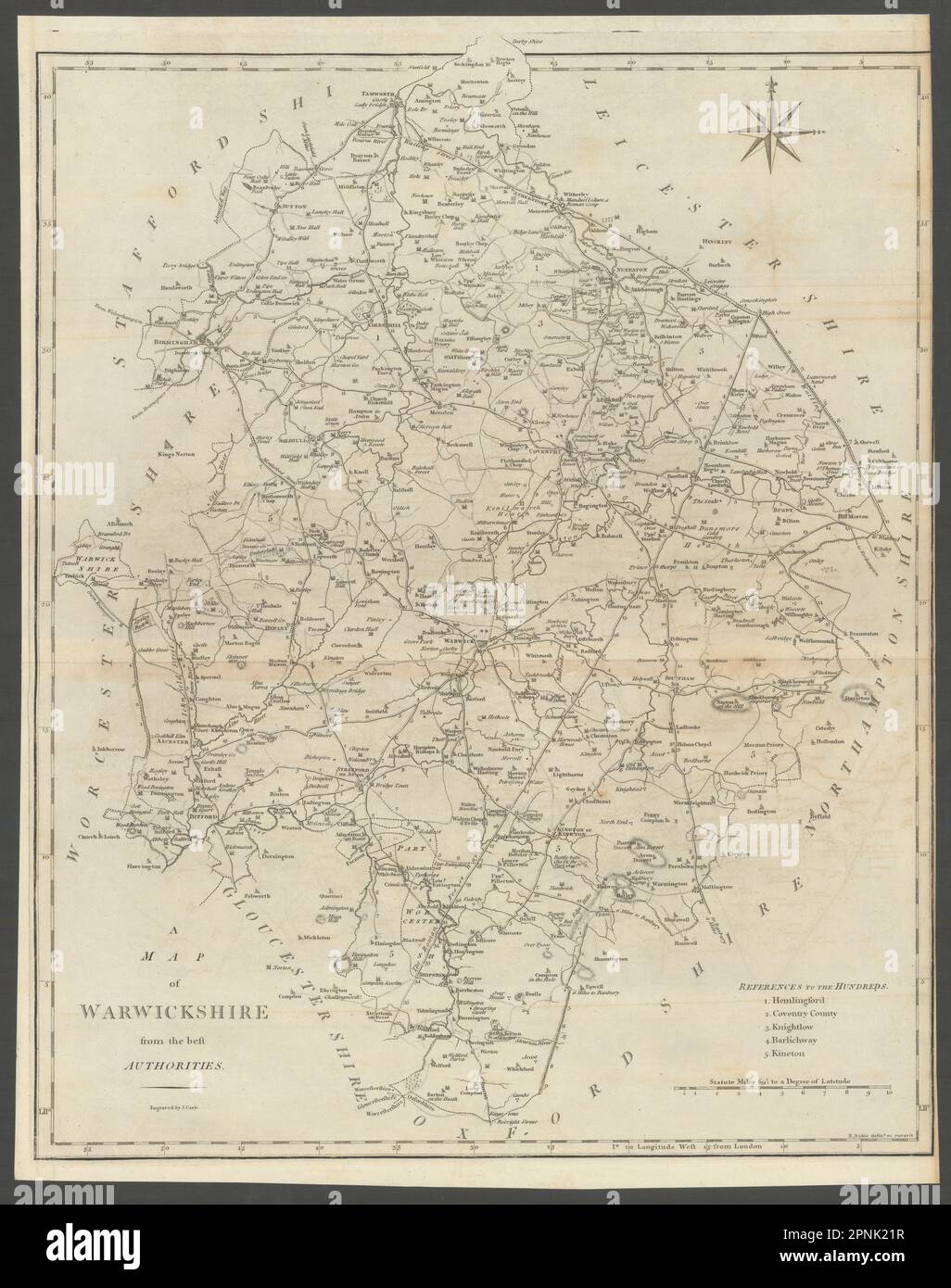 "Eine Karte von Warwickshire aus den besten Behörden. Grafschaft Karte. CARY 1789 Stockfoto