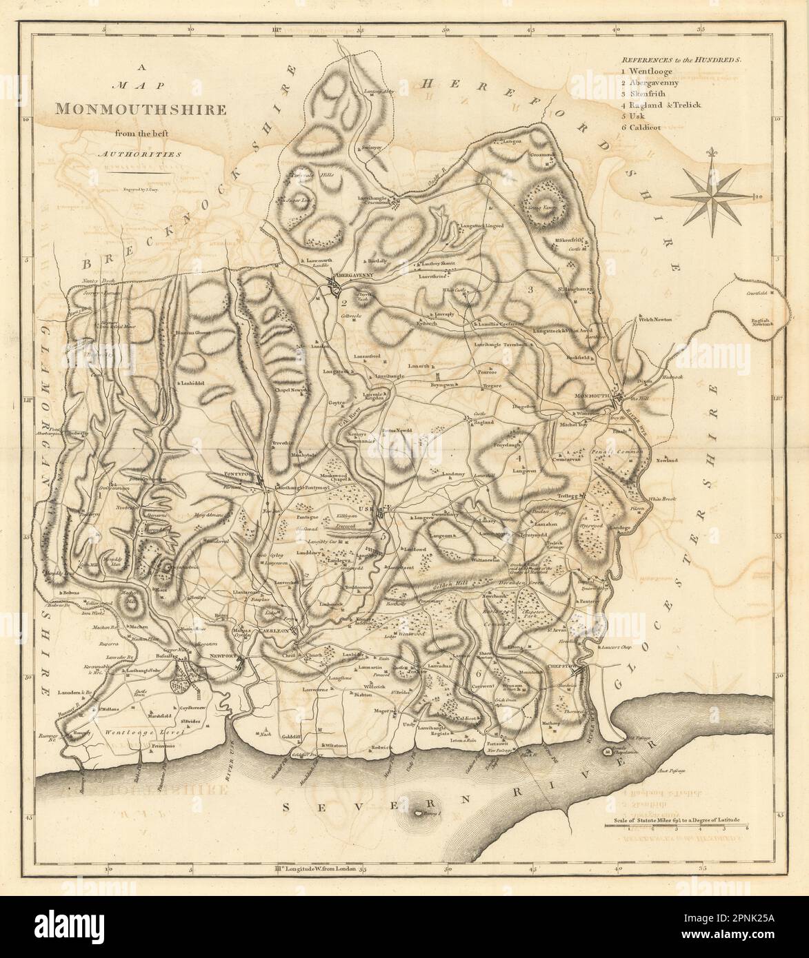 "Eine Karte von Monmouthshire aus den besten Behörden. Grafschaft Karte. CARY 1789 Stockfoto