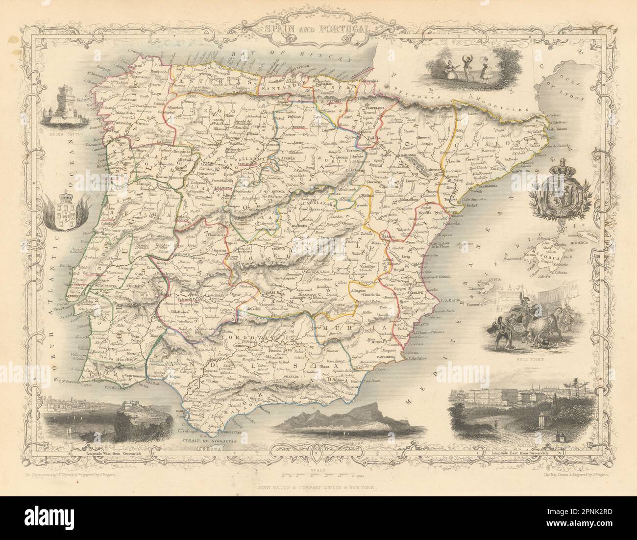 Spanien & Portugal. Madrid, Lissabon, Gibraltar. Iberia TALLIS & RAPKIN Karte 1851 Stockfoto