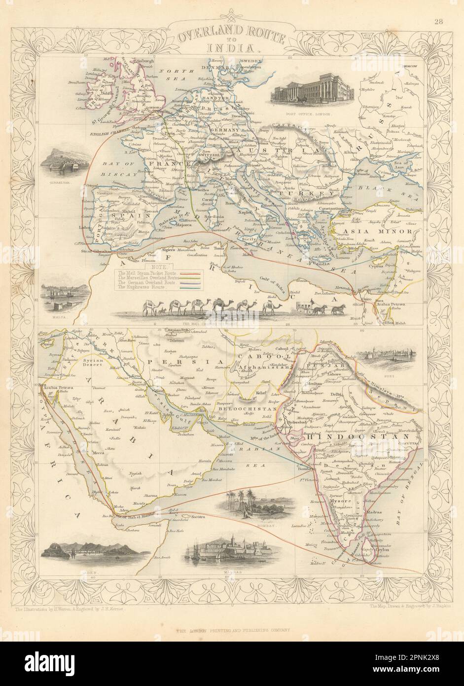 Landweg nach Indien. Schiff Frankreich Deutschland Euphrat. TALLIS & RAPKIN 1851 Karte Stockfoto