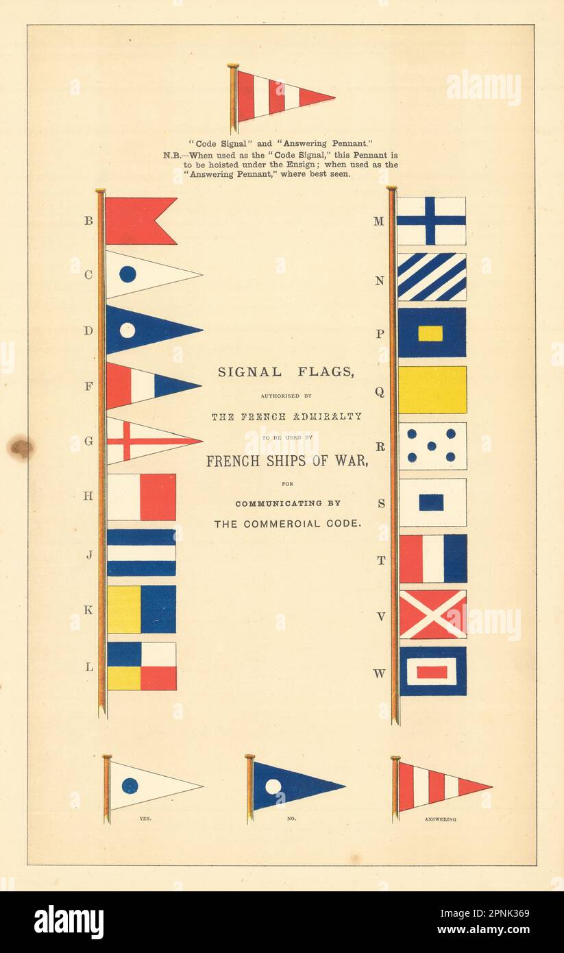 FRANZÖSISCHE MARINESIGNALFLAGGEN. Kriegsschiffe. Kommunikation nach Handelsgesetzbuch 1873 Stockfoto