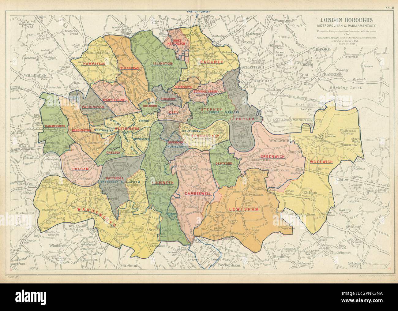 LONDONER STADTTEILE. Metropolitan Und Parlamentarisch. Wahlkreise. BACON 1913 Karte Stockfoto