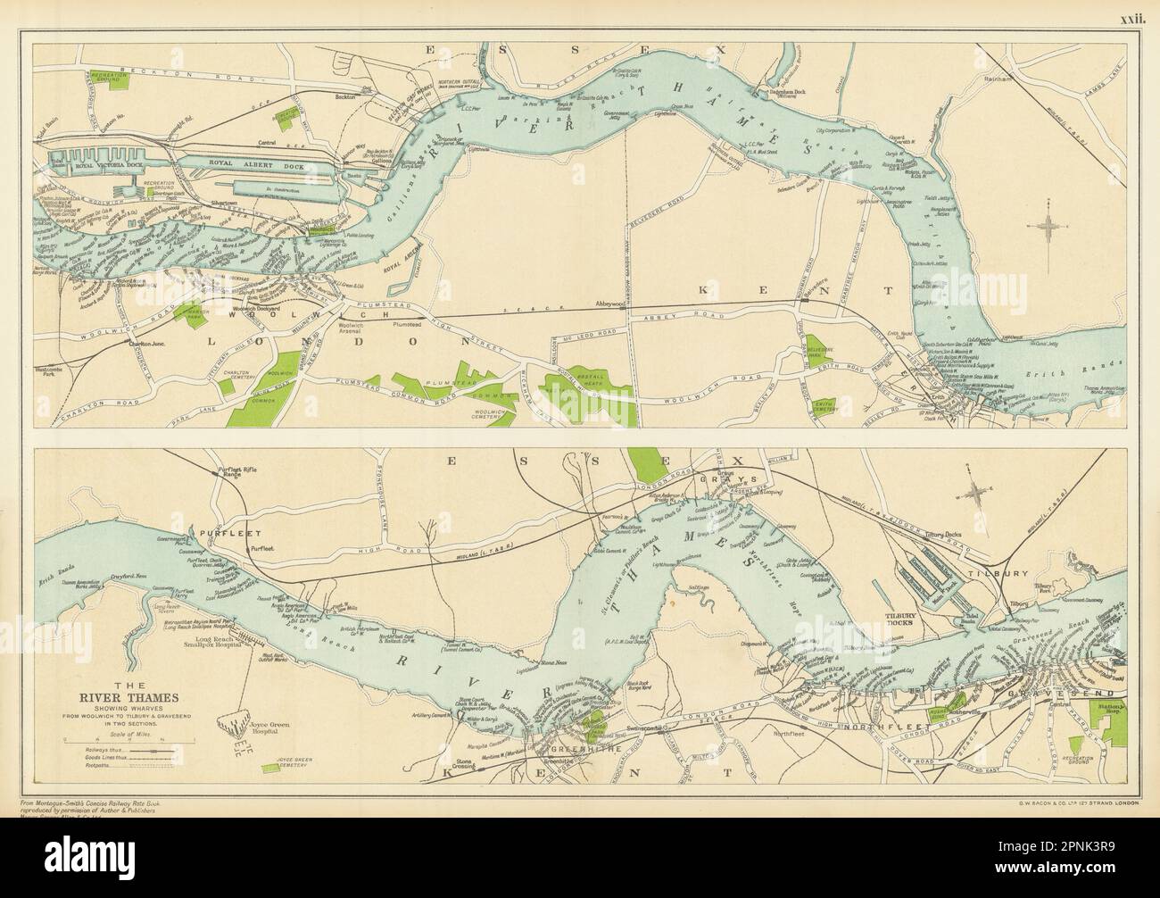 HAFEN VON LONDON. Anlegestellen/Docks. Themse Woolwich-Tilbury/Gravesend. BACON 1913 Karte Stockfoto