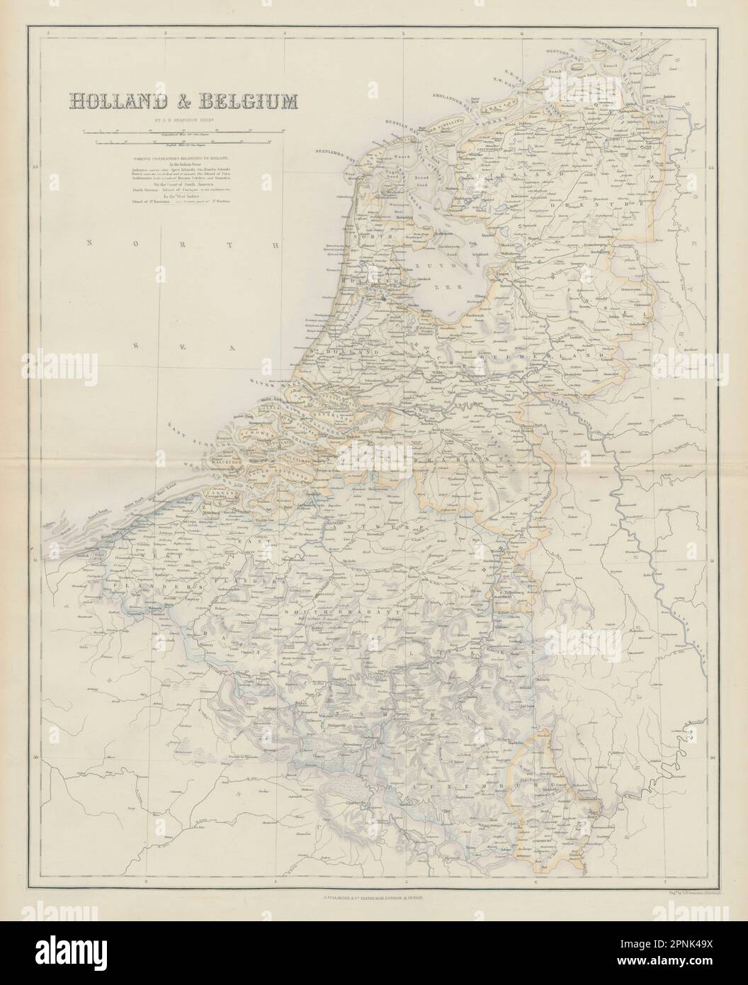 Holland und Belgien. Luxemburg. Benelux-Staaten. SWANSTON 1860 alte antike Karte Stockfoto