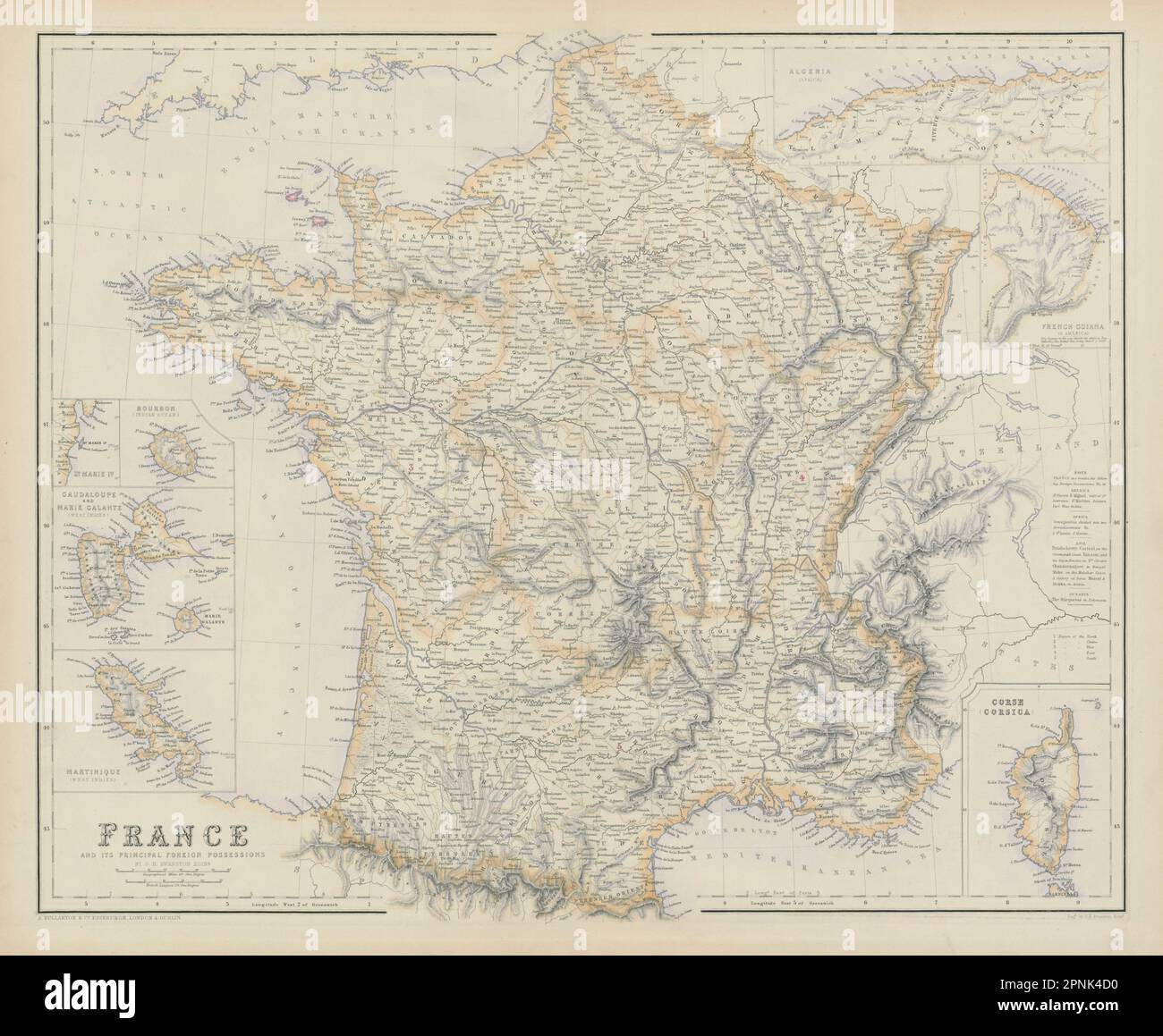 Frankreich und wichtigster ausländischer Besitz. Guadaloupe Martinique. SWANSTON 1860 Karte Stockfoto